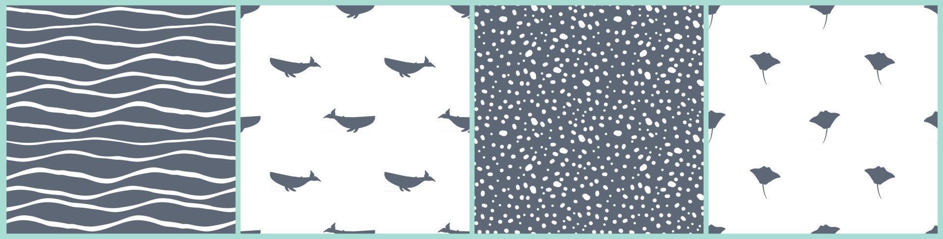 Whales rays waves and dots as underwater bubbles Simple blue white monochrome silhouette abstract seamless patterns vector