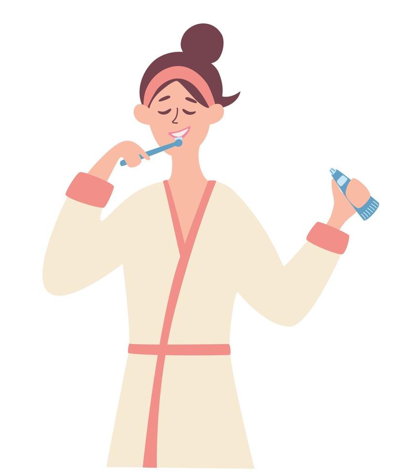 Young Girl brushing her teeth Women after a morning or evening shower brushes her teeth Routine hygiene Good habits The concept of a healthy lifestyle and taking care of your body Vector