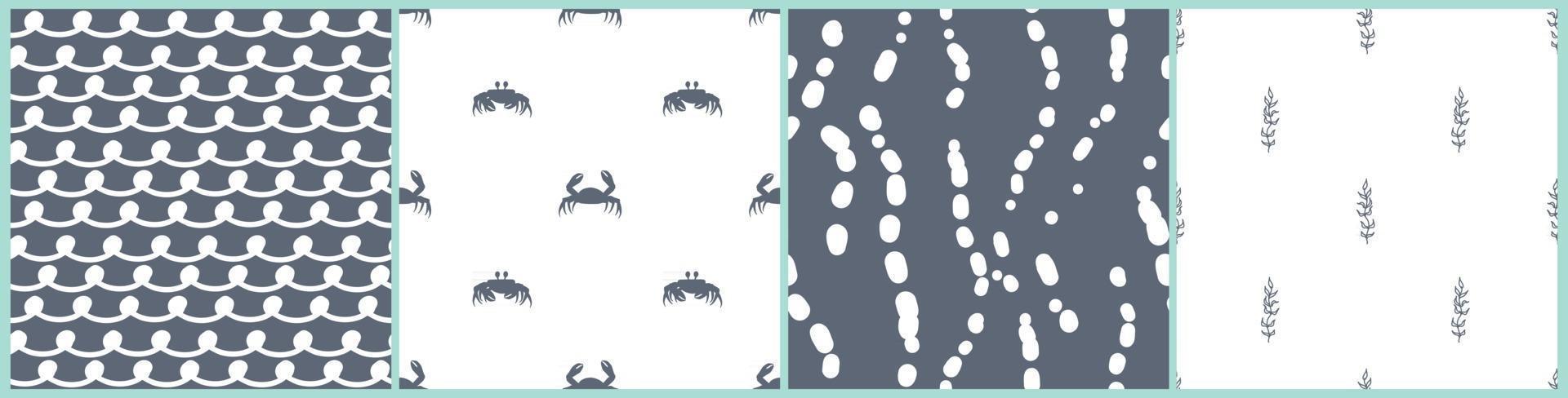 Blue and white sea crabs waves underwater plants algae and water bulbs simple monochrome seamless patterns Set of vector hand drawn illustrations