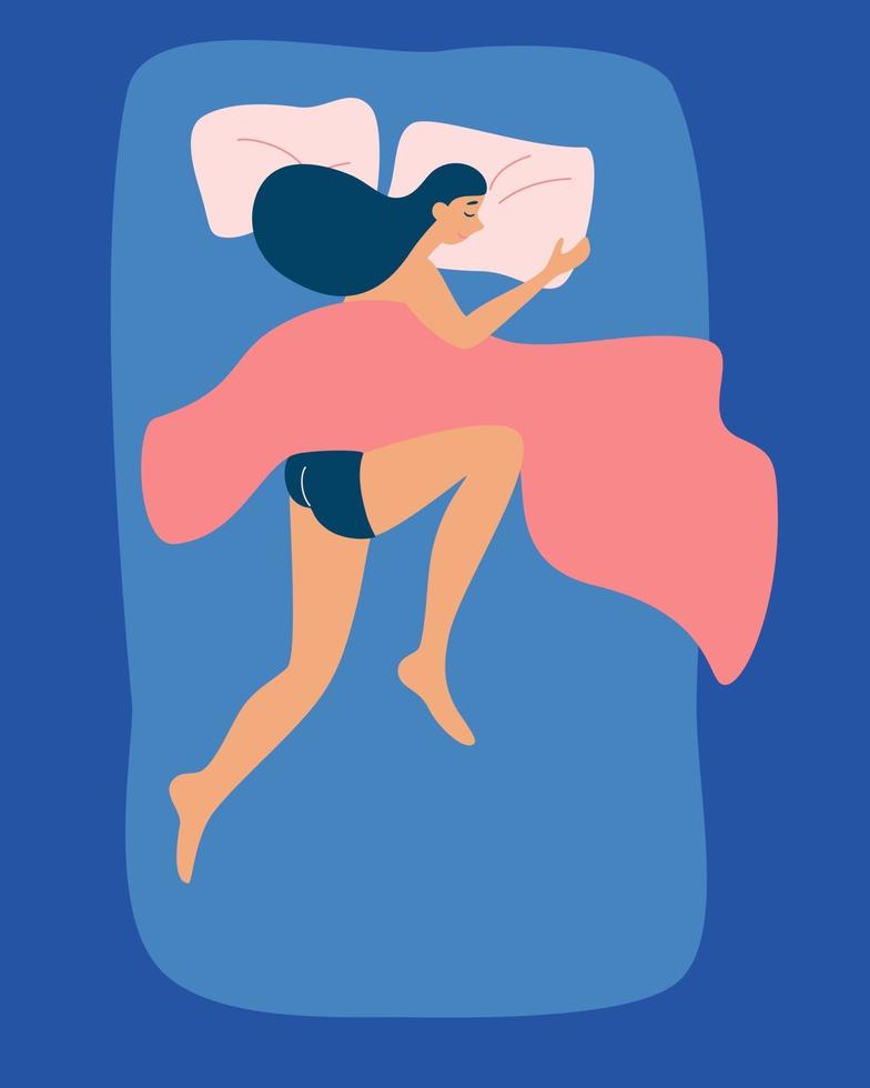 Woman sleeping in bed under a blanket Good healthy sleep concept Sweet dreams Peaceful dream and relax Girl dozing or napping on comfy mattress Top view Vector illustration in cartoon style