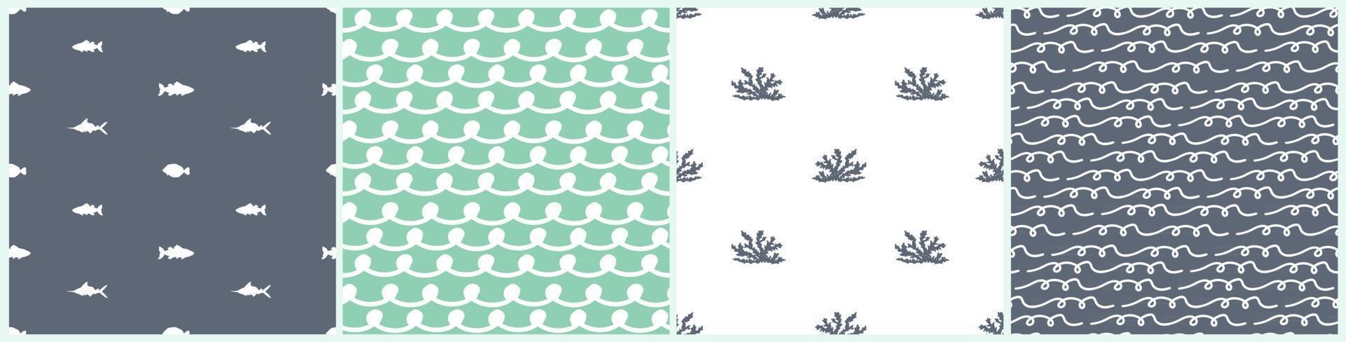 Sea or ocean fish waves corals seamless patterns vector