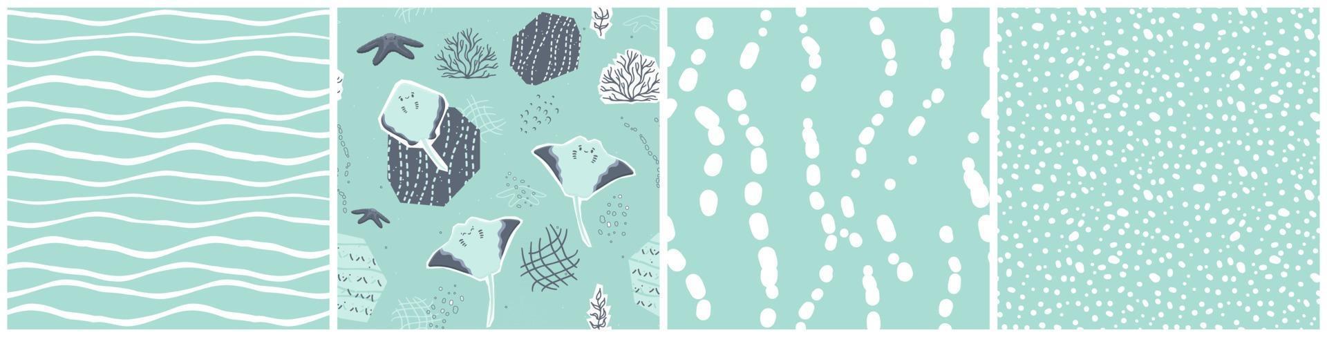 Set of endless patterns of Cute cartoon happy stingrays starfish seaweed Cut paper effect vector
