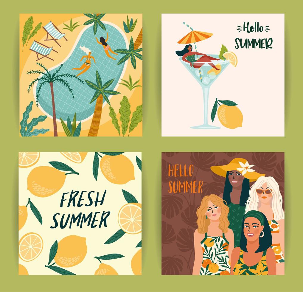 conjunto de ilustraciones brillantes de verano con mujeres lindas vacaciones de verano viajes de vacaciones vector