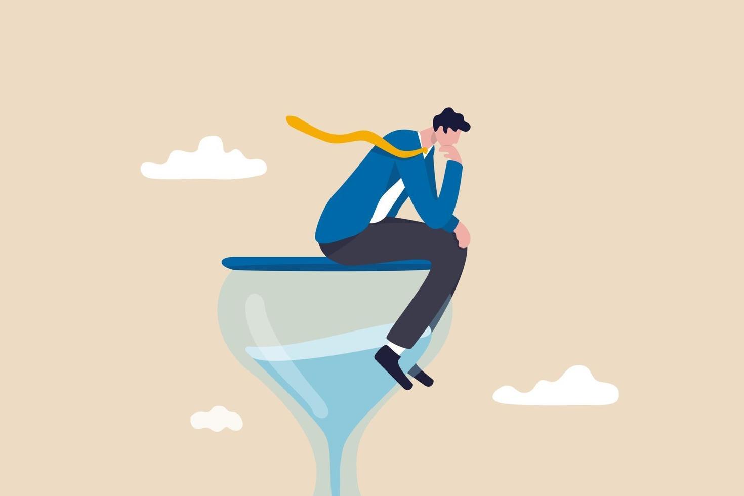 Thinker businessman thinking about business solution thoughtful businessman hand on his chin sitting on sandglass think wisely vector