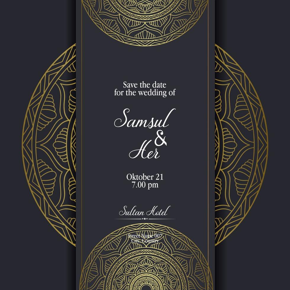 Fondo adornado de mandala de oro de lujo para invitación de boda vector