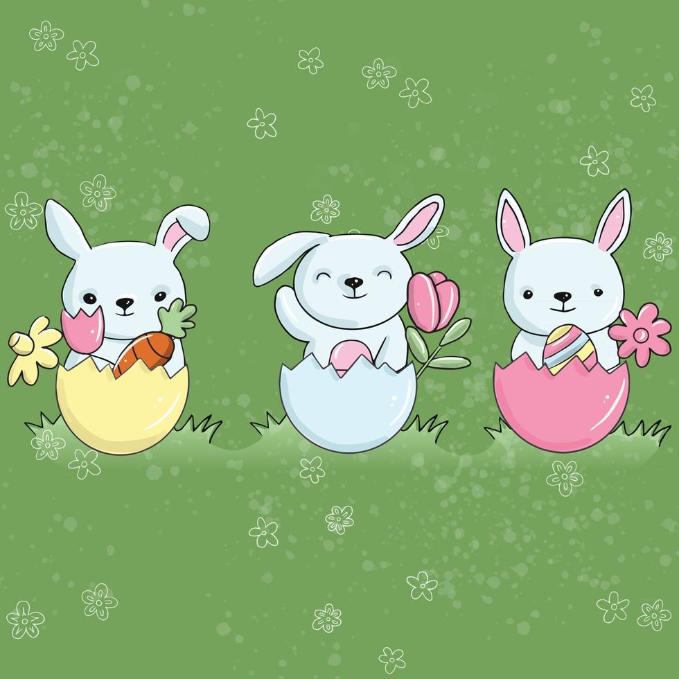 Vector easter illustration of three rabbits with eggs in the meadow on a green backgroun