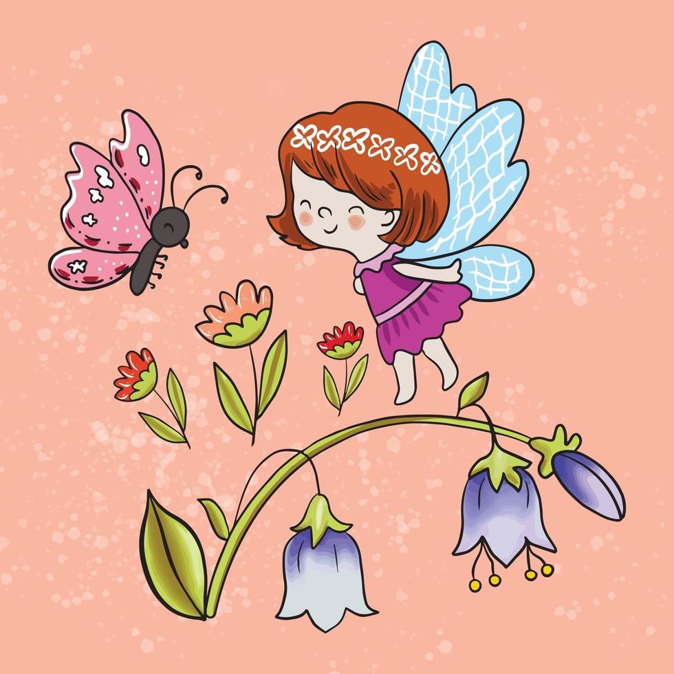 Vector illustration of a girl bees and butterflies among flowers on an orange textured background