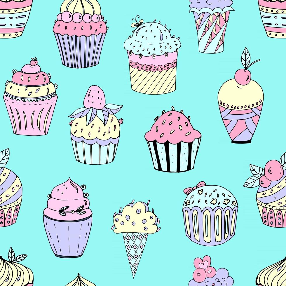 Vector illustration of a seamless pattern of cakes of different colors and shapes
