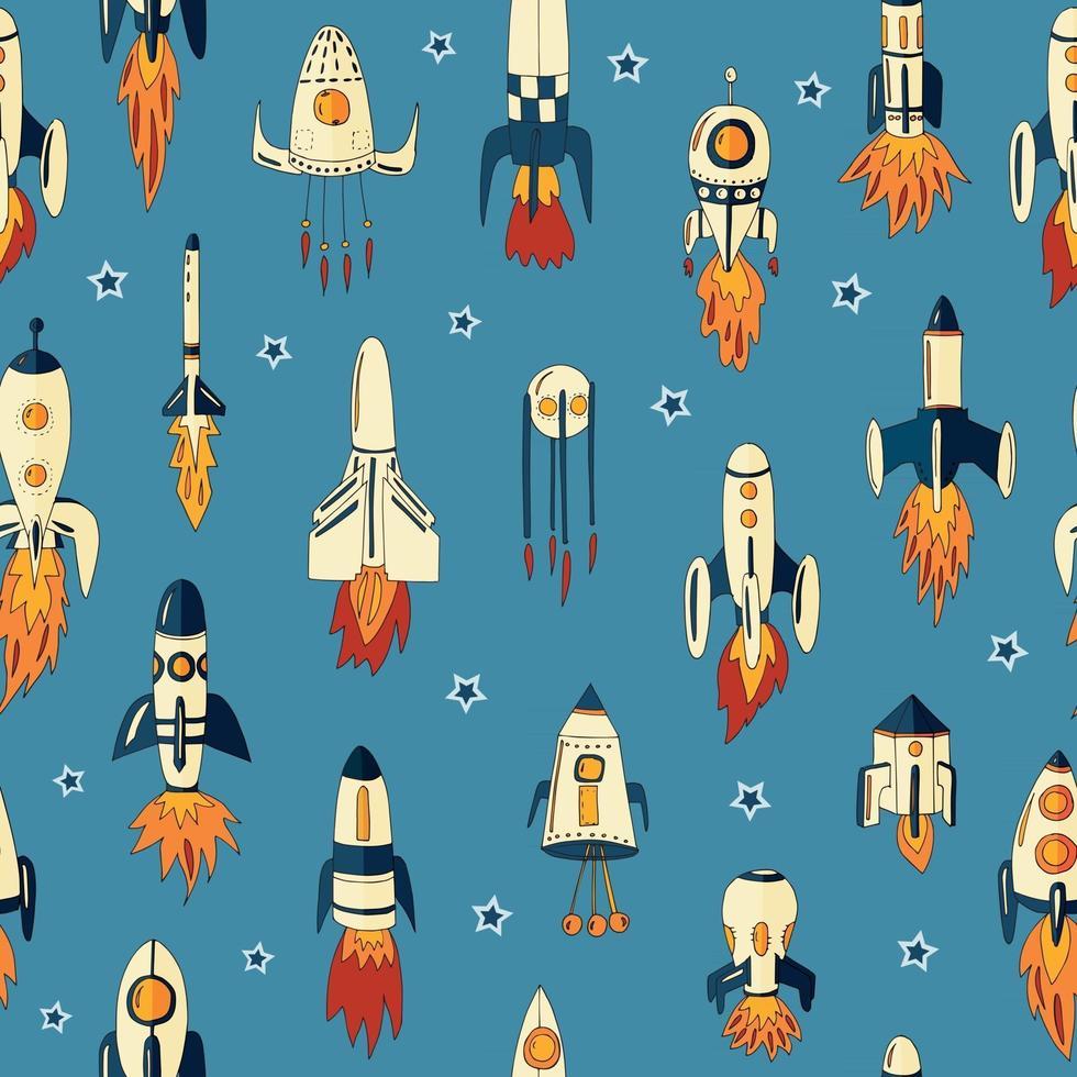 Vector illustration of a seamless pattern of rockets in space among the stars