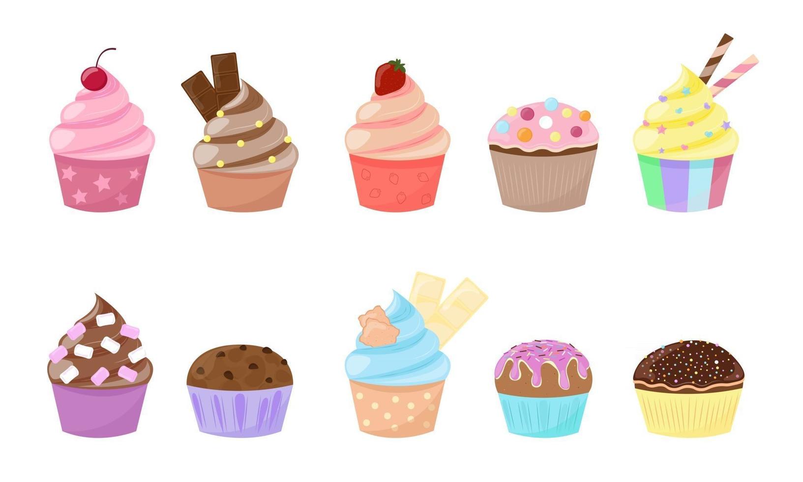 Cupcakes and muffins set isolated on white background Sweet desserts collection Vector illustration