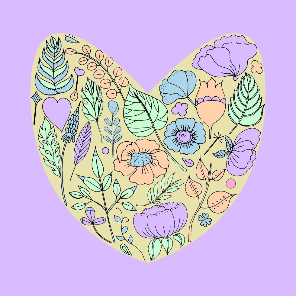 Ilustración vectorial de un marco floral en forma de corazón de elementos florales vector