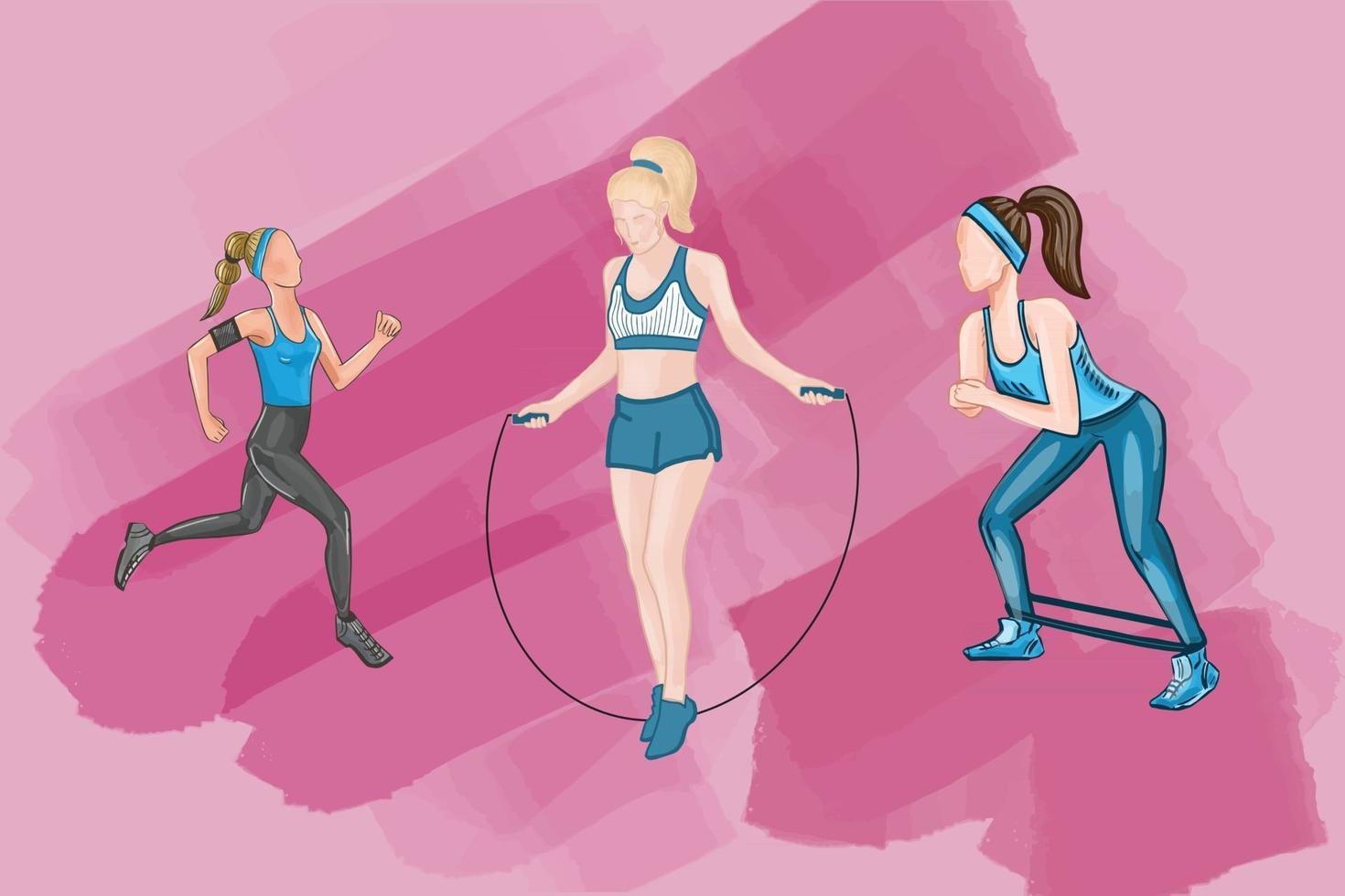 Vector illustration of fitness girls performing sports exercises on a pink background