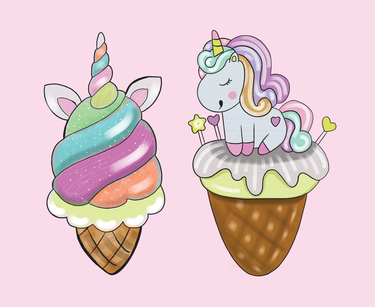 Ilustración vectorial de helado al estilo de unicornios rosas azules sobre un fondo rosa claro vector