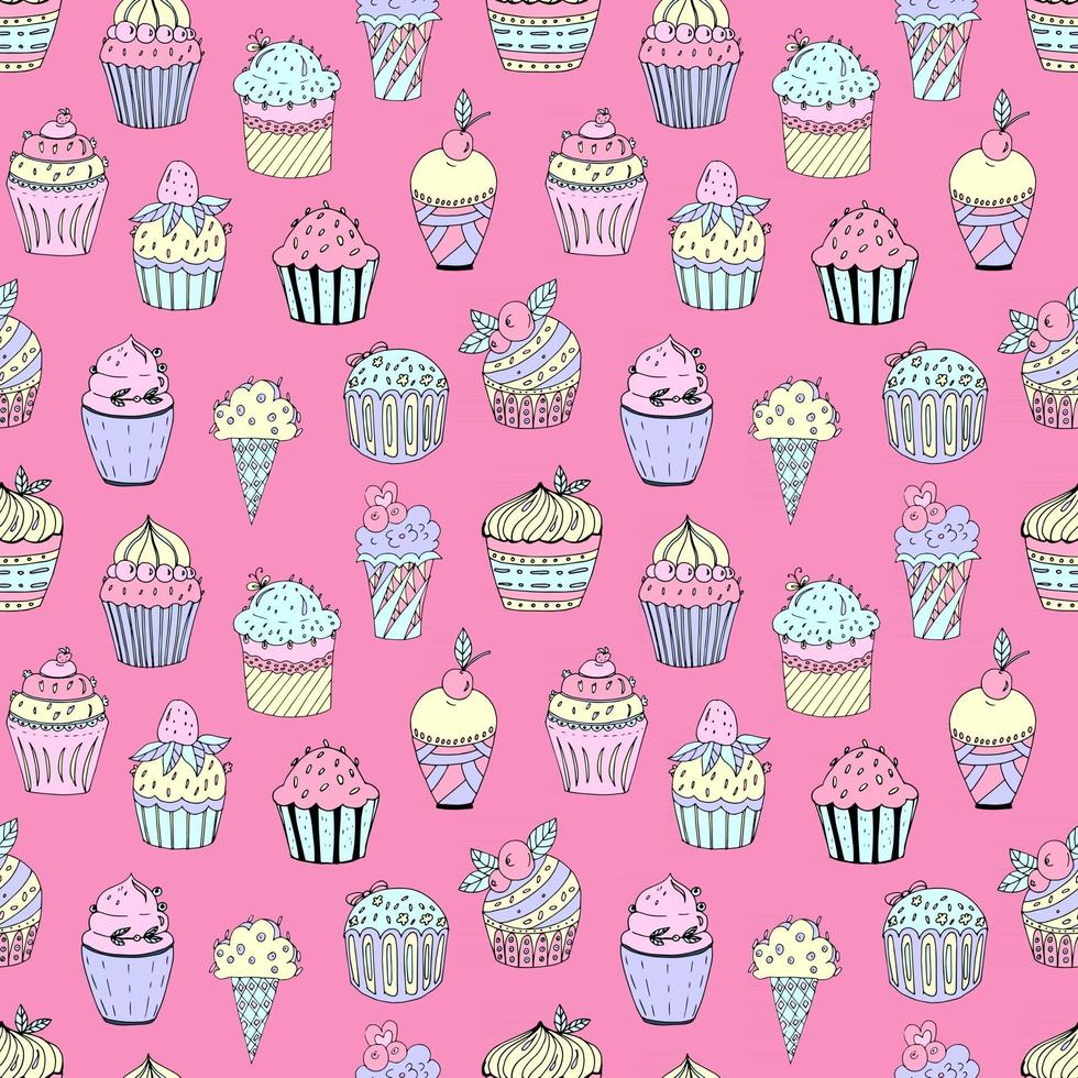 Vector illustration of a seamless pattern of cakes of different colors and shapes