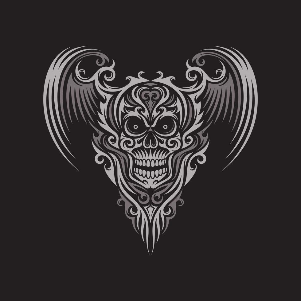 Ornate Winged Skull On Black vector