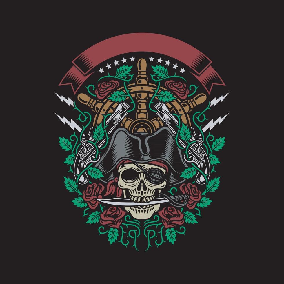 Pirate Skull Bite A Dagger With Roses And Guns vector