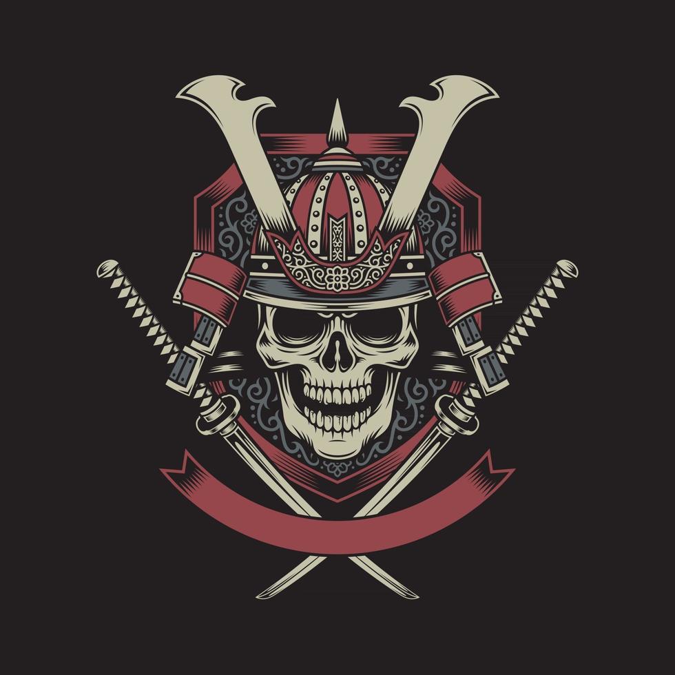 Samurai Warrior Skull with Crossed Katana Swords vector