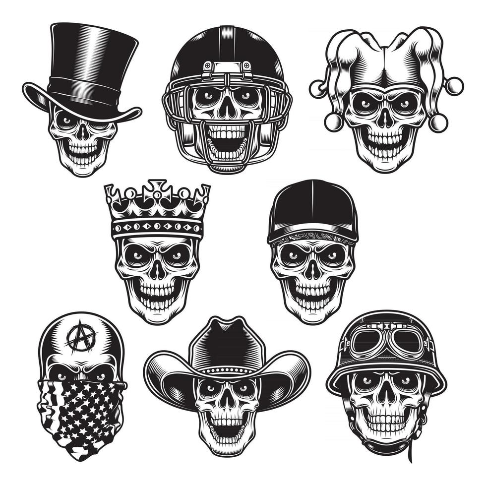 Colección de personajes de calaveras en blanco y negro. vector