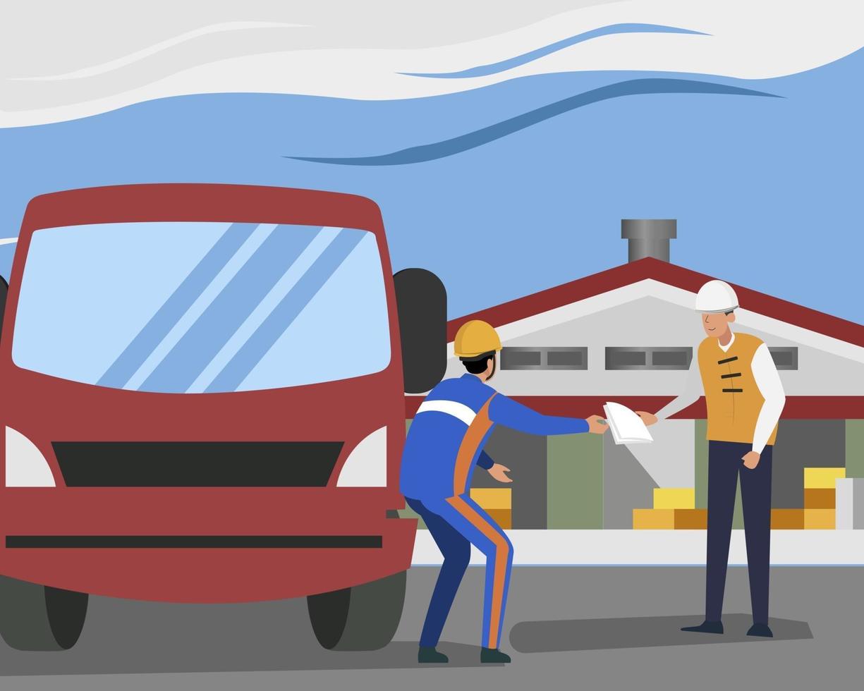 Illustration of industrial worker handing out documents vector