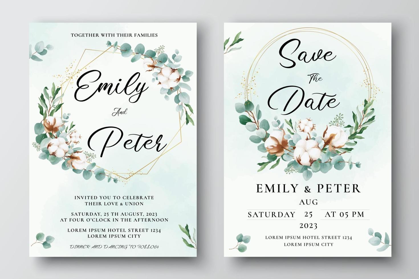 Watercolor wedding invitation template with cotton flowers and eucalyptus leaves vector