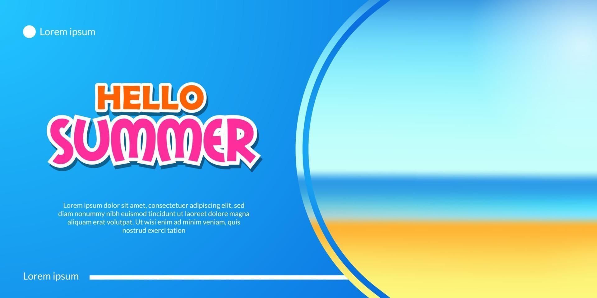 Hello summer banner with vacation sand beach coast landscape illustration with blue background vector