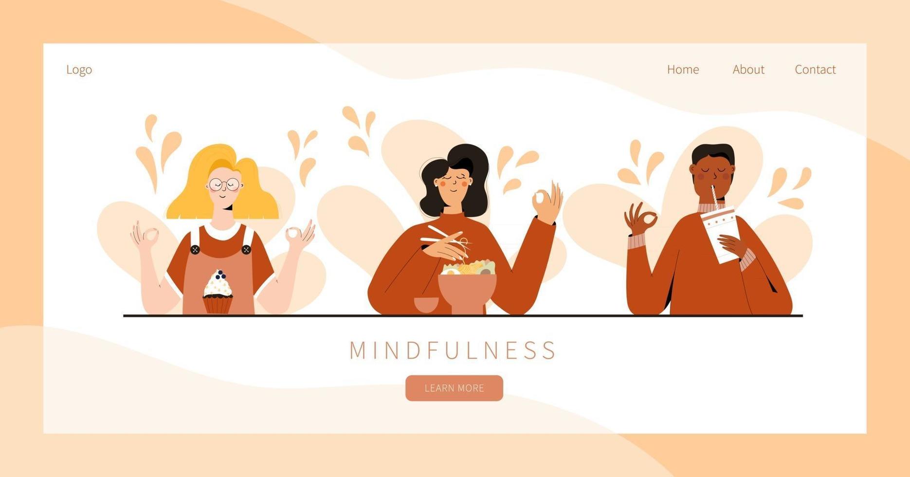 conjunto de personas que practican ejercicio de alimentación consciente ilustración del concepto para la meditación relajarse recreación estilo de vida saludable práctica de atención plena diseño de banner de página de destino vector