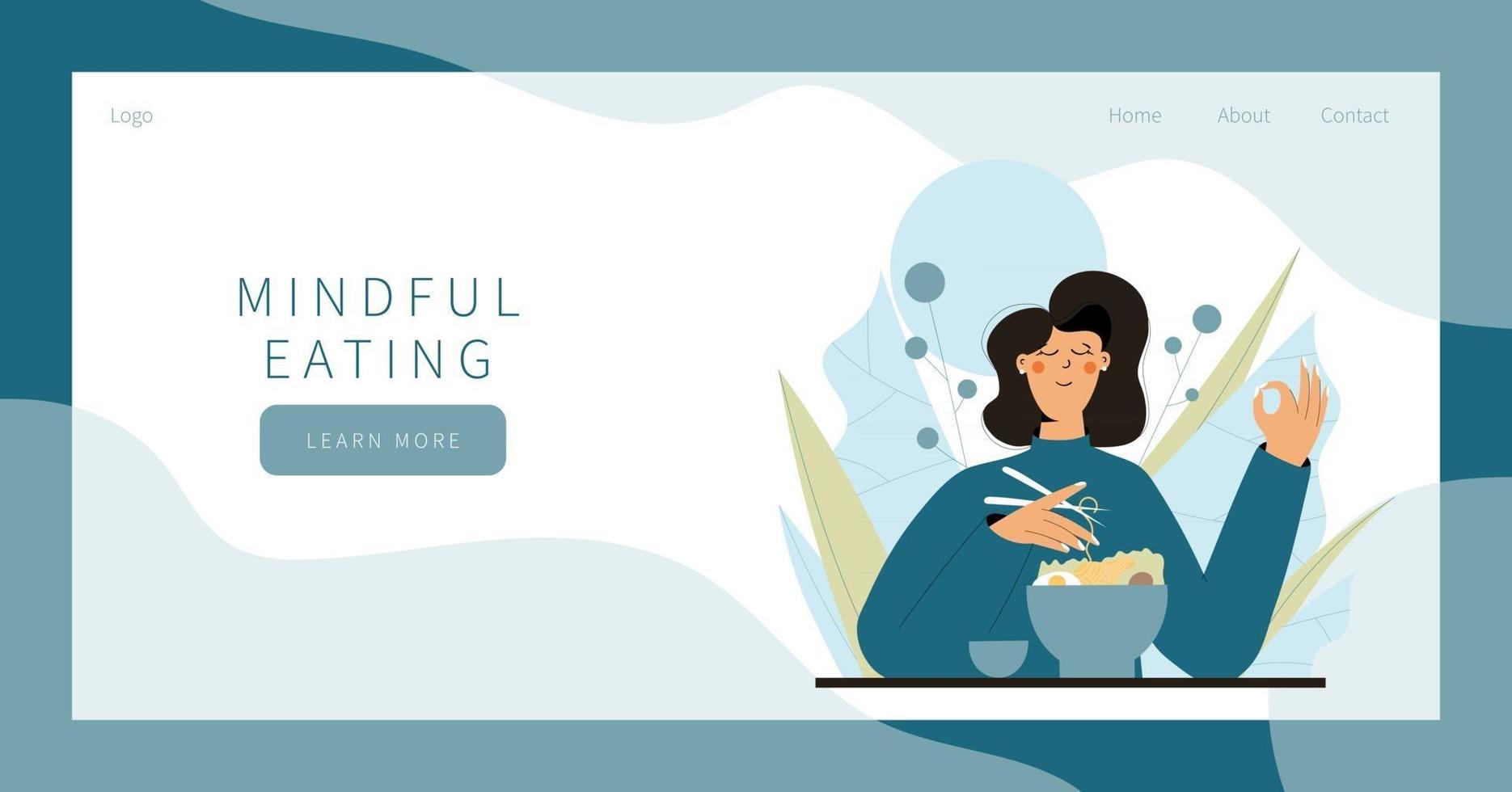Cute woman practicing mindful eating exercise in nature and leaves Concept illustration for meditation relax recreation healthy lifestyle mindfulness practice Landing page banner design vector