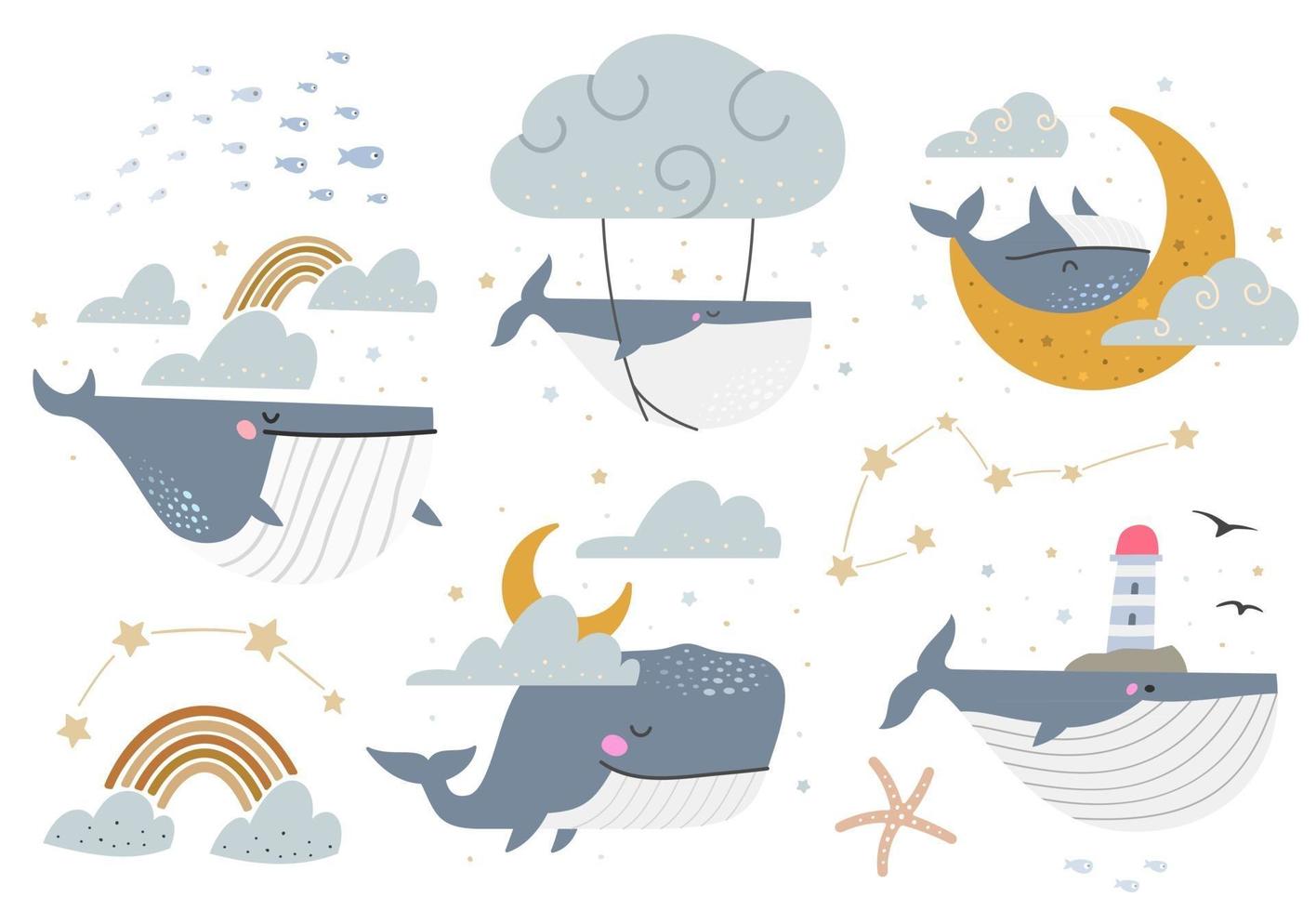 Celestial whales vector set Collection of various fantasy illustrations with whales