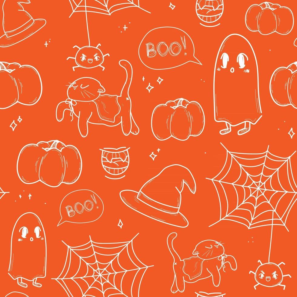 Cute orange pattern with line white cat pumpkin halloween Seamless background Textiles for children Minimalism paper scrapbook for kids vector