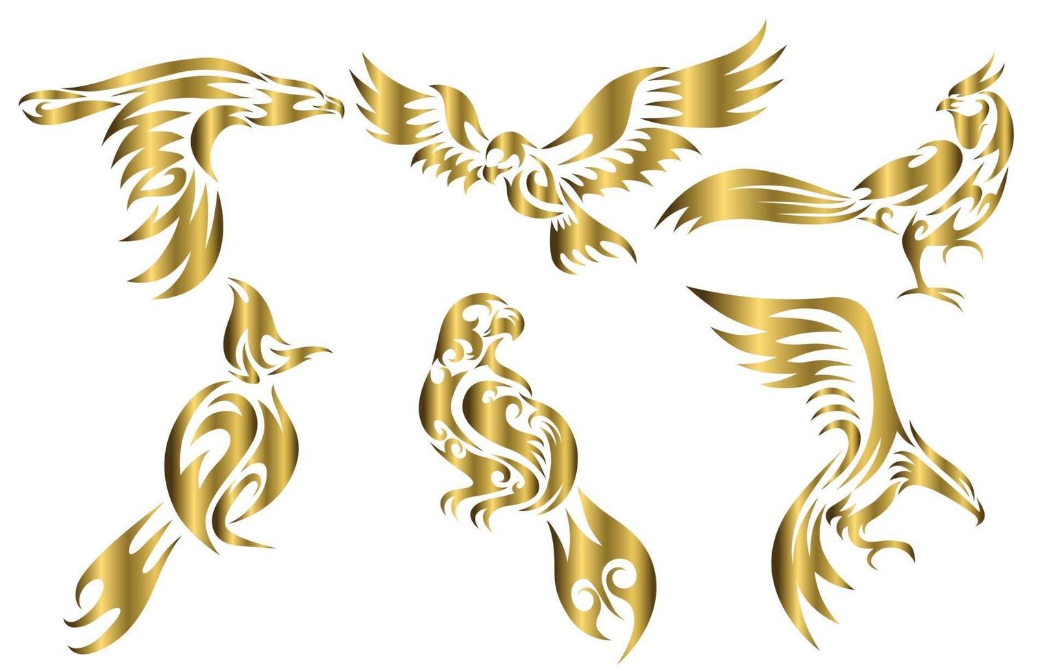 Set of six gold vector images of various birds such as eagle hawk pheasant and Spigot bulbul  Good use for symbol mascot icon avatar and logo