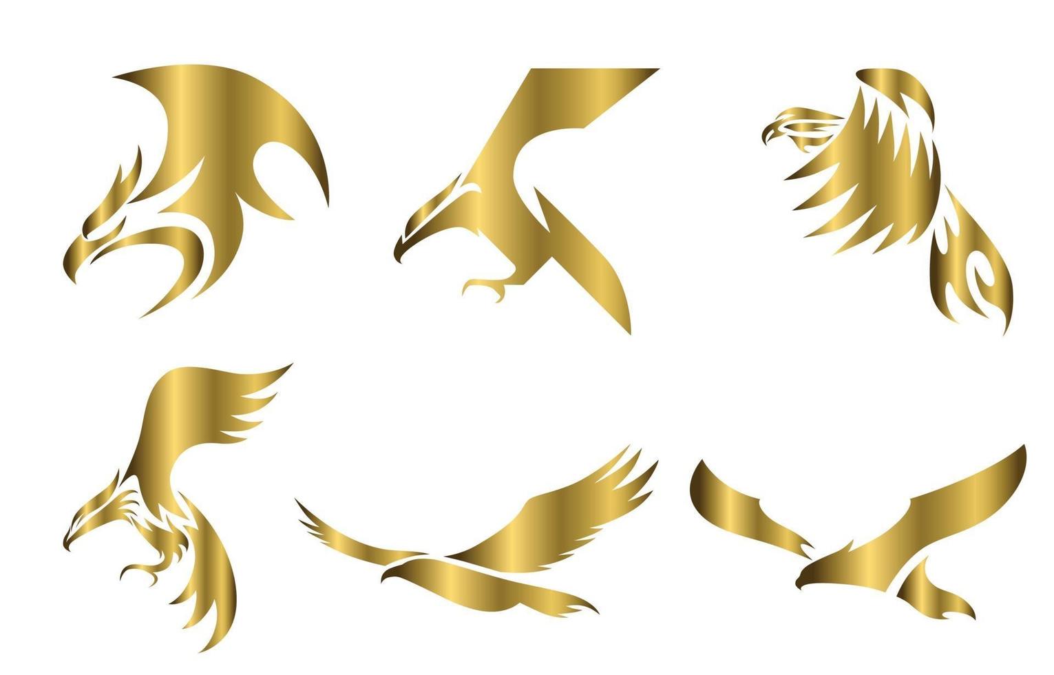 El conjunto de seis líneas de arte dorado con logotipo vectorial de águila se puede utilizar como logotipo o elementos decorativos. vector