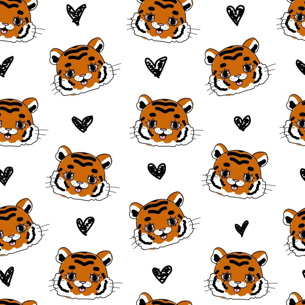 Cute white pattern with line black hearts Seamless background tiger Textiles for children Minimalism paper scrapbook for kids vector