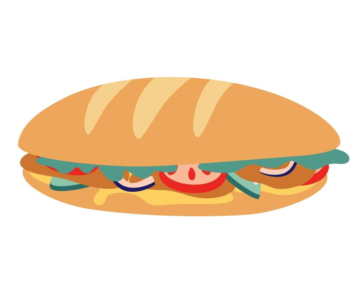 Tasty long baguette sandwich Fast food baguette sandwich ham bacon lettuce tomato cheese Fast food icon Vector illustration