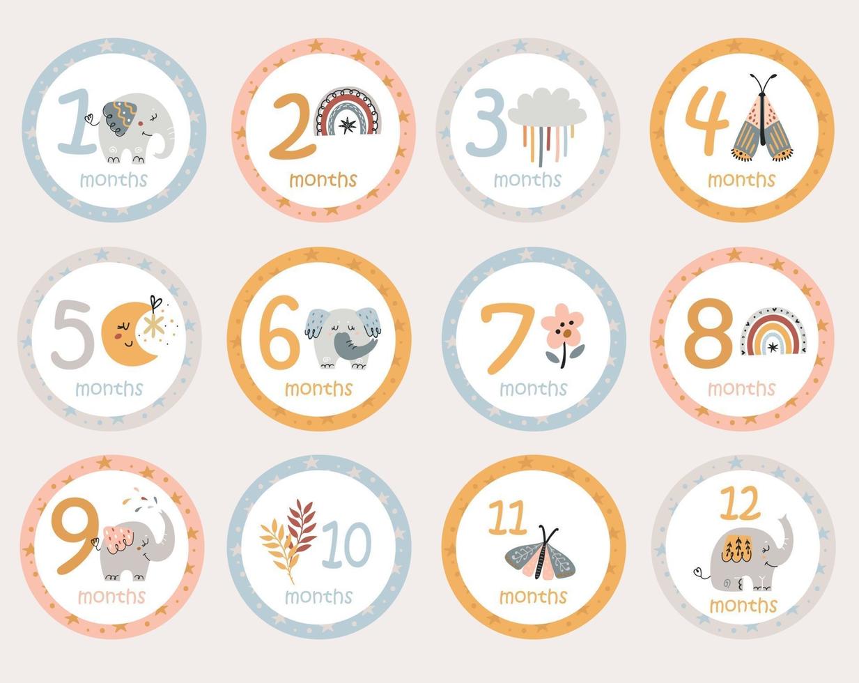 Monthly baby stickers with bohemian elephants and items vector