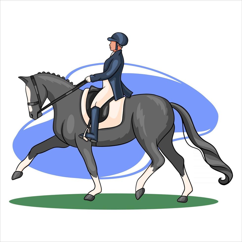 mujer de equitación montando caballo de doma en estilo de dibujos animados vector