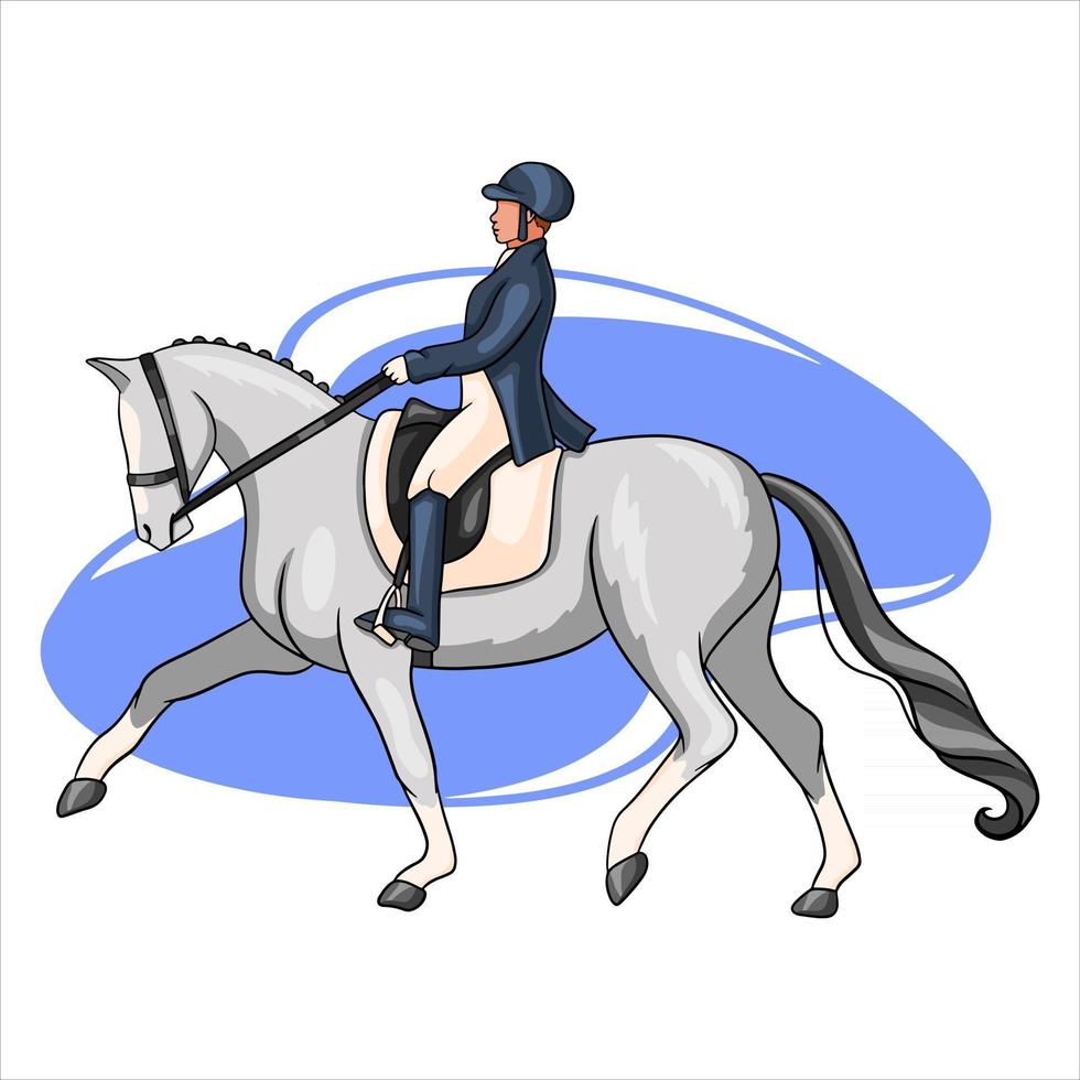 mujer de equitación montando caballo de doma en estilo de dibujos animados vector