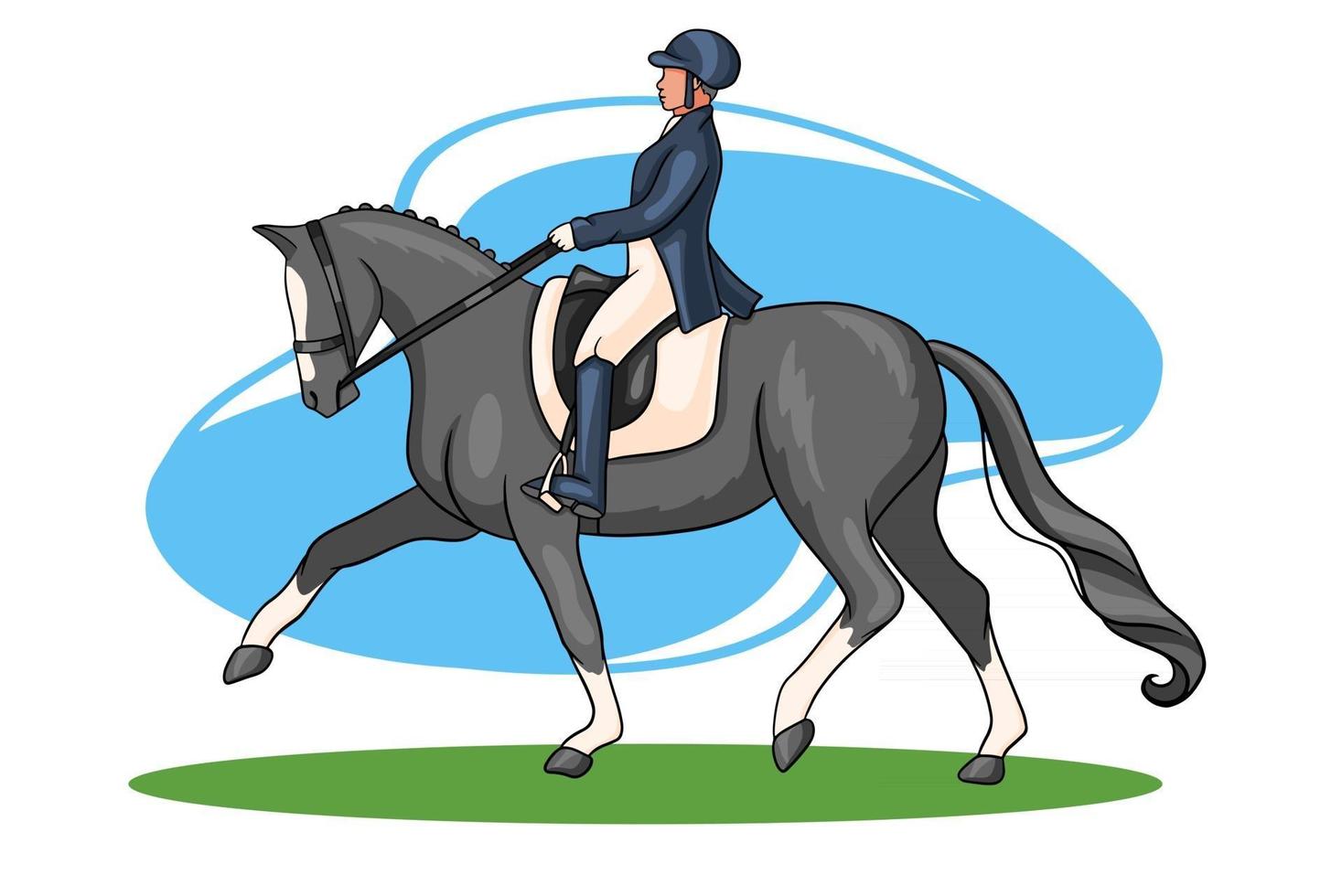 mujer de equitación montando caballo de doma en estilo de dibujos animados vector