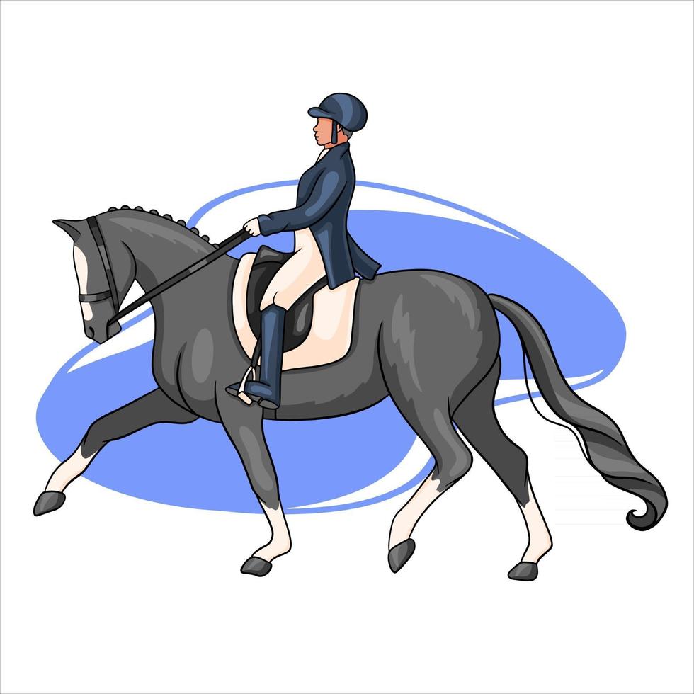 mujer de equitación montando caballo de doma en estilo de dibujos animados vector