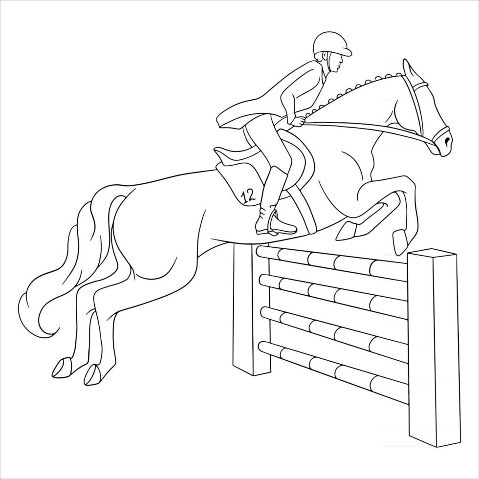 Montar a caballo mujer montando a caballo saltando por encima del estilo de línea de obstáculos vector