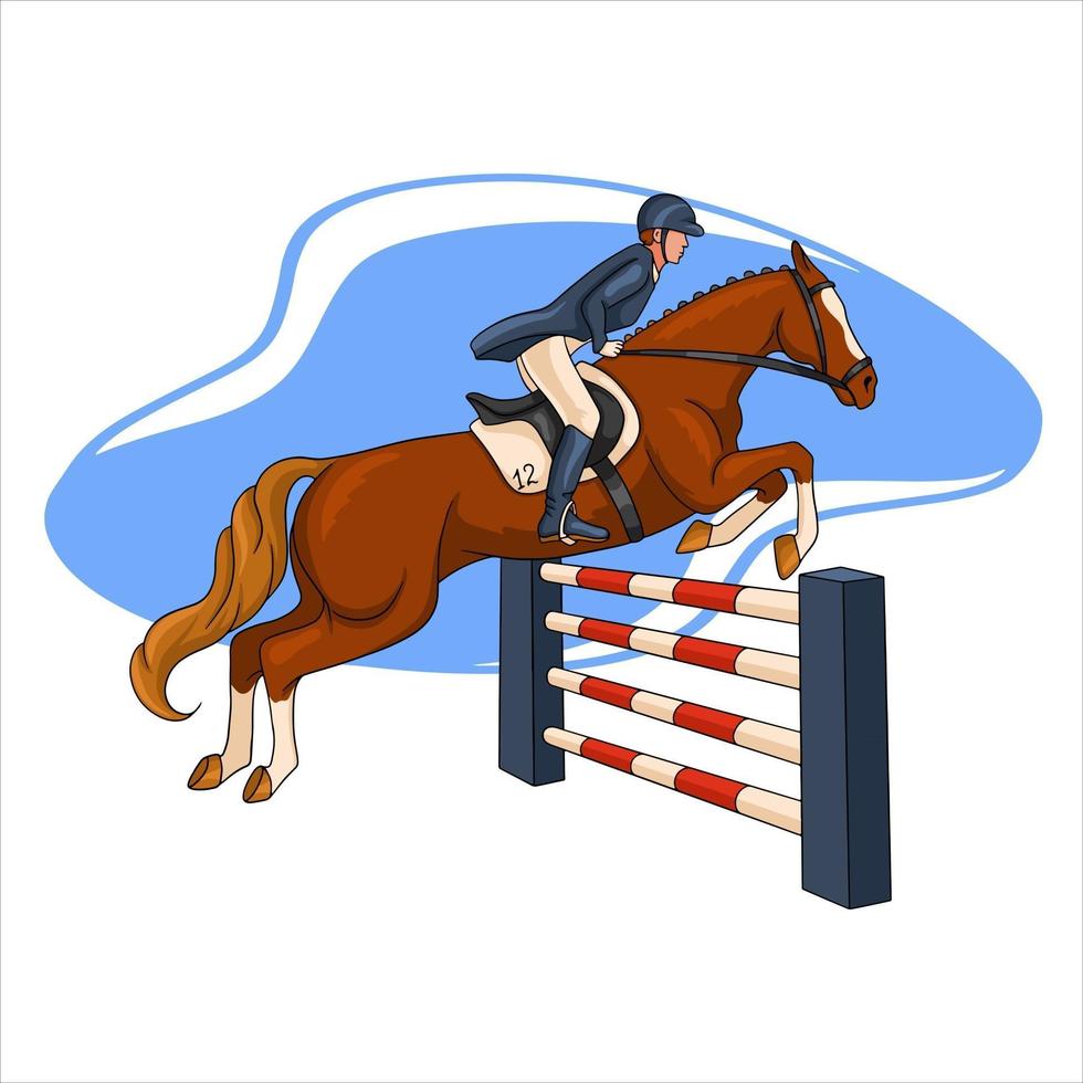 mujer de equitación montando a caballo sobre un obstáculo en estilo de dibujos animados vector