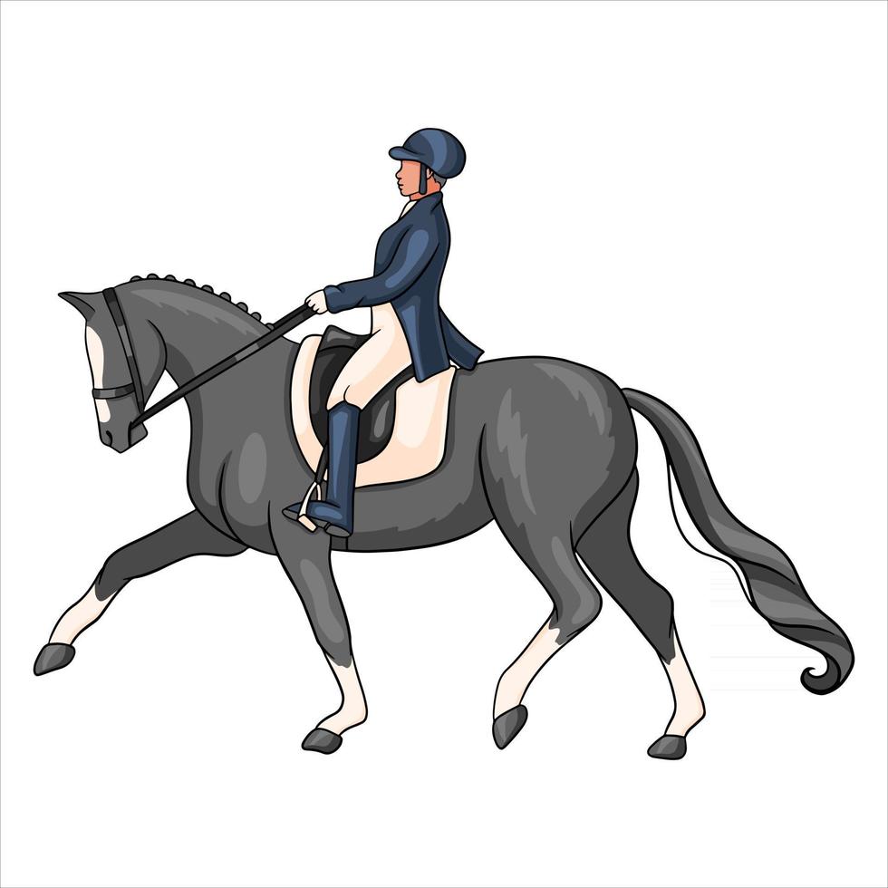 mujer de equitación montando caballo de doma en estilo de dibujos animados vector