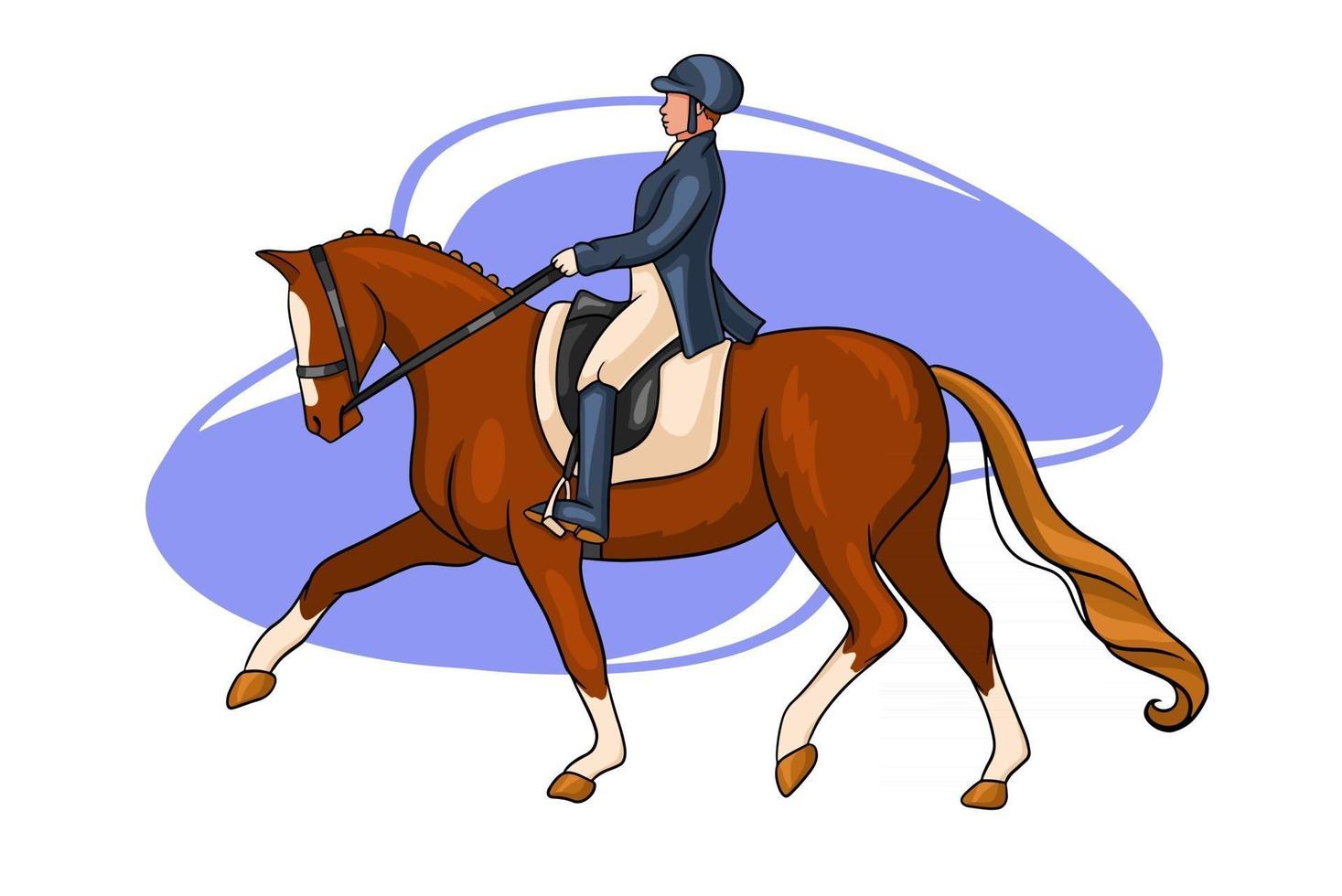 mujer de equitación montando caballo de doma en estilo de dibujos animados vector