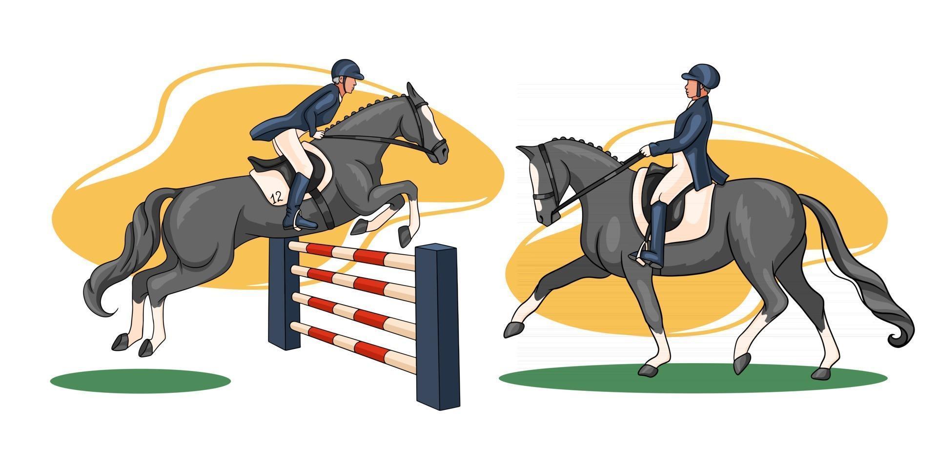 mujer de equitación montando caballo de doma en estilo de dibujos animados vector