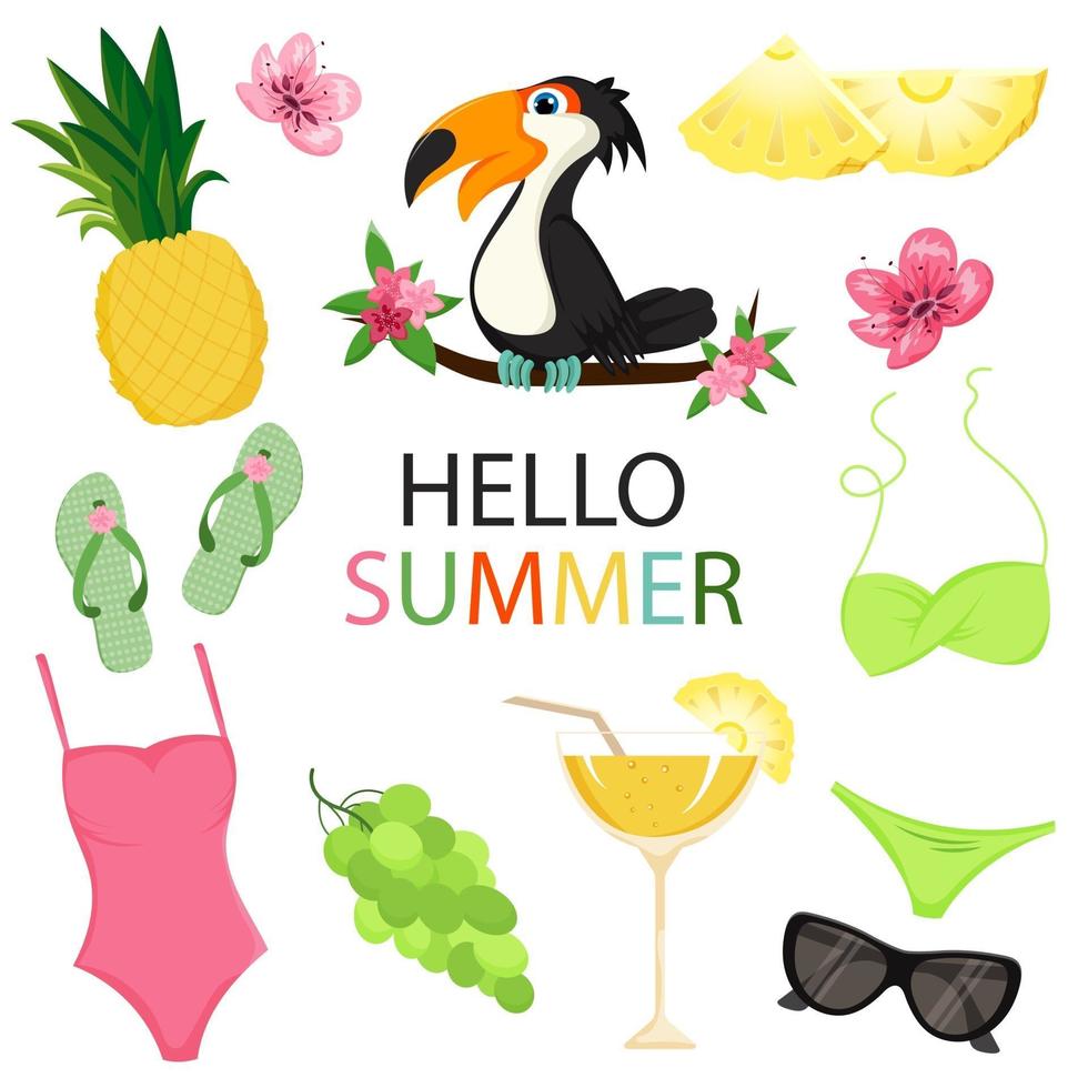 Set of cute summer elements Cartoon style Pineapple cocktail bathing suit flip flops toucan grapes sunglasses flowers vector