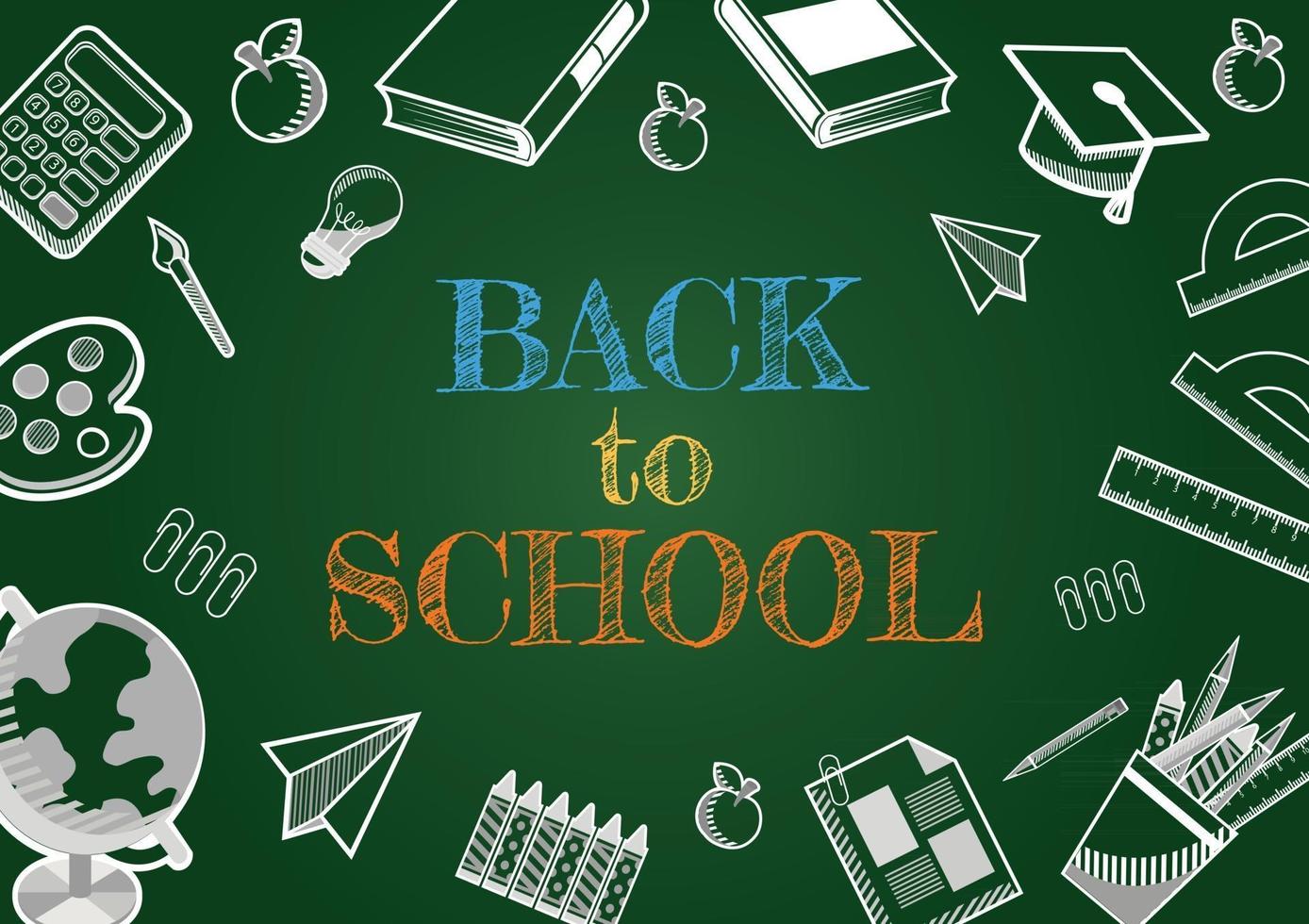 Stationery school object and text back to school on chalkboard vector