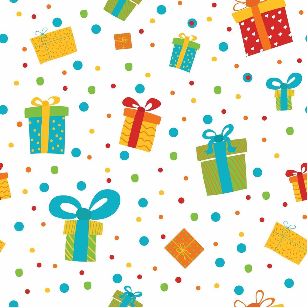 Vector seamless pattern with gift boxes on white background Christmas New Year holidays birthday background Vector illustration Perfect for wrapping paper background texture for textile fabric