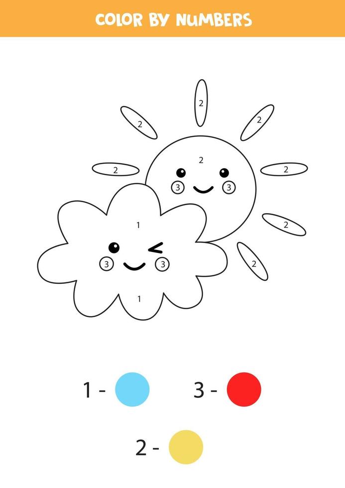 Hoja de trabajo de color lindo kawaii nube con sol por números para niños vector