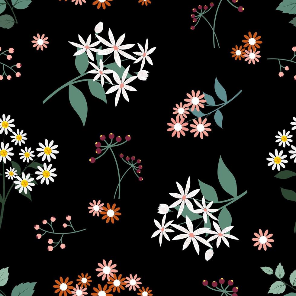 Wild flower seamless pattern on dark background graphic design for fabric print or textile vector