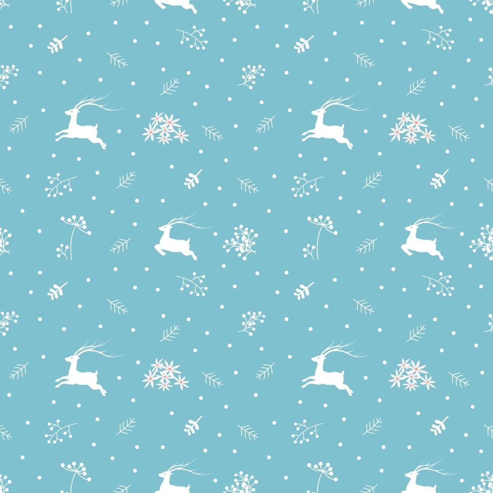 Christmas seamless pattern with reindeers and fir branches on soft blue background vector