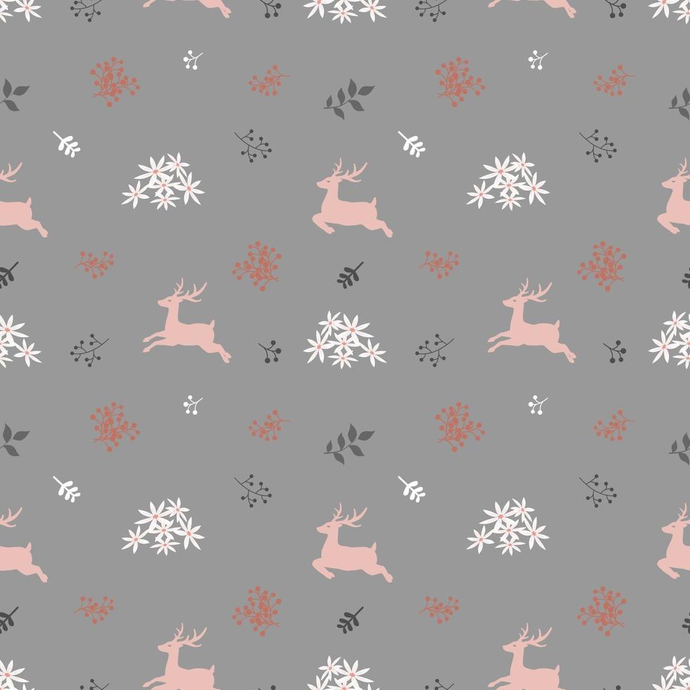 lindo ciervo de patrones sin fisuras de navidad con flores silvestres en estado de ánimo pastel vector